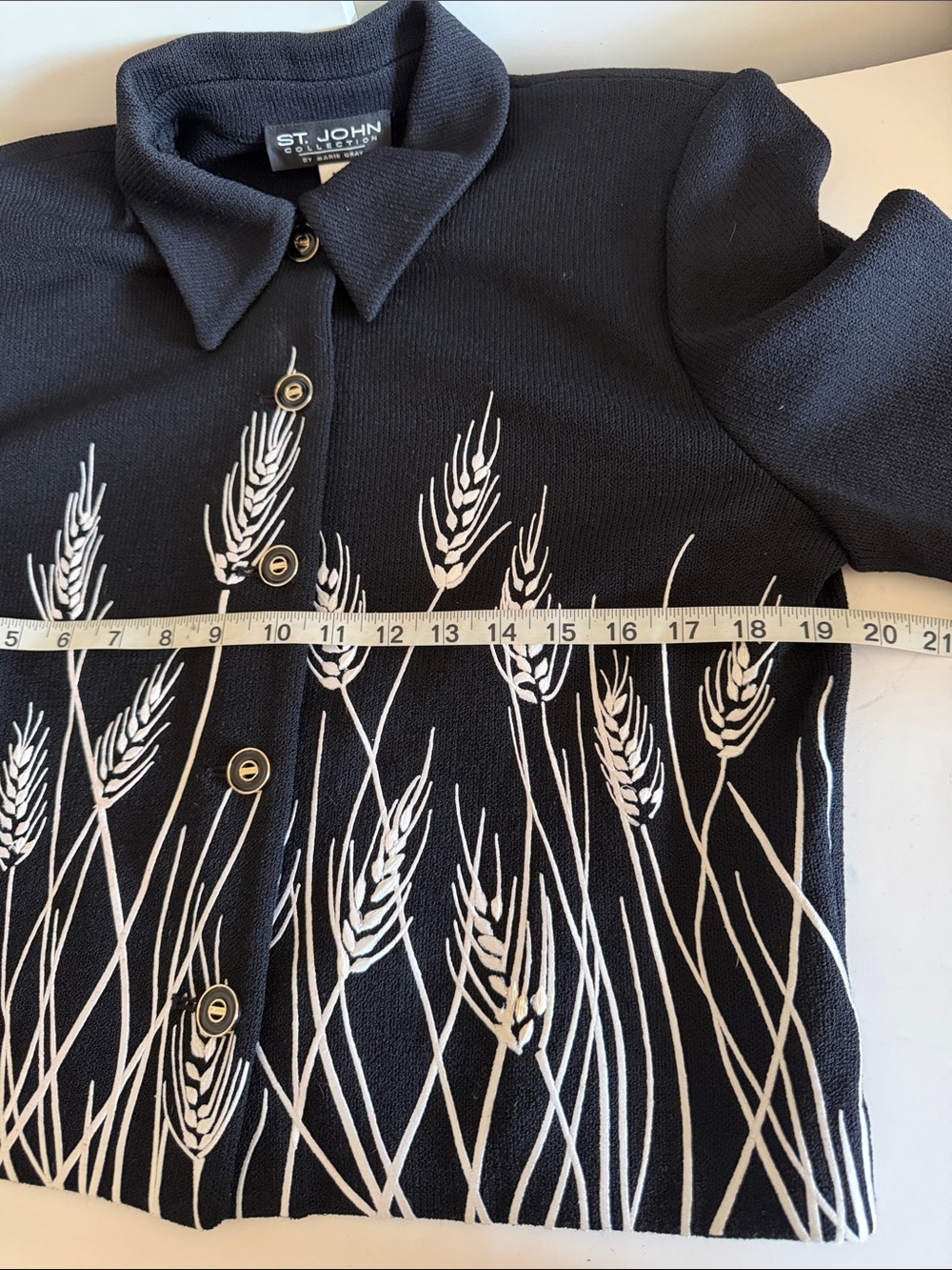 St. John Collection Black White Wheat Grass Embroidered Knit Blazer Jacket sz 12 - Picture 7 of 8